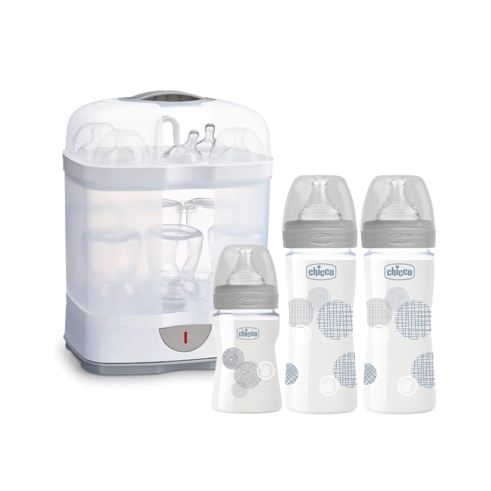 chicco舒適哺乳-防脹氣玻璃奶瓶2大1小+2合1電子蒸氣消毒鍋-240ml+150ml 