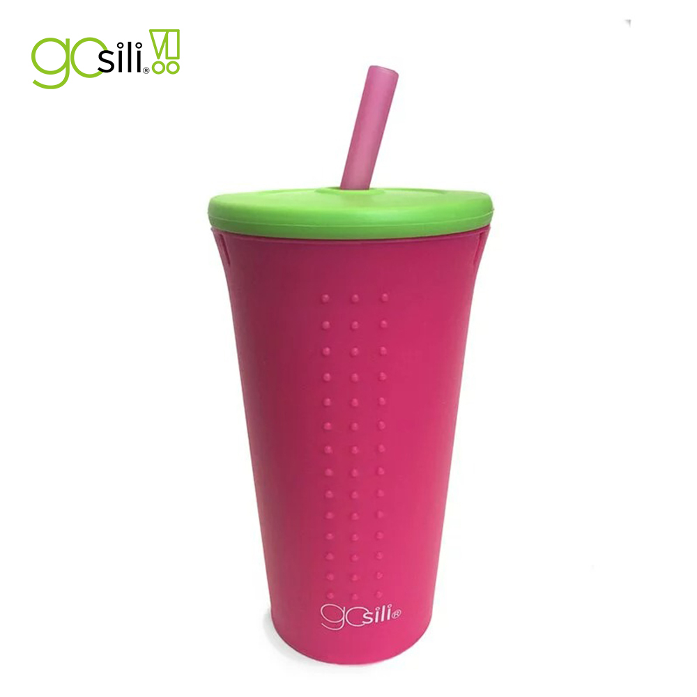美國GoSili/Silikids ❚ 16oz ❚TOGO矽膠吸管隨行杯--小桃紅