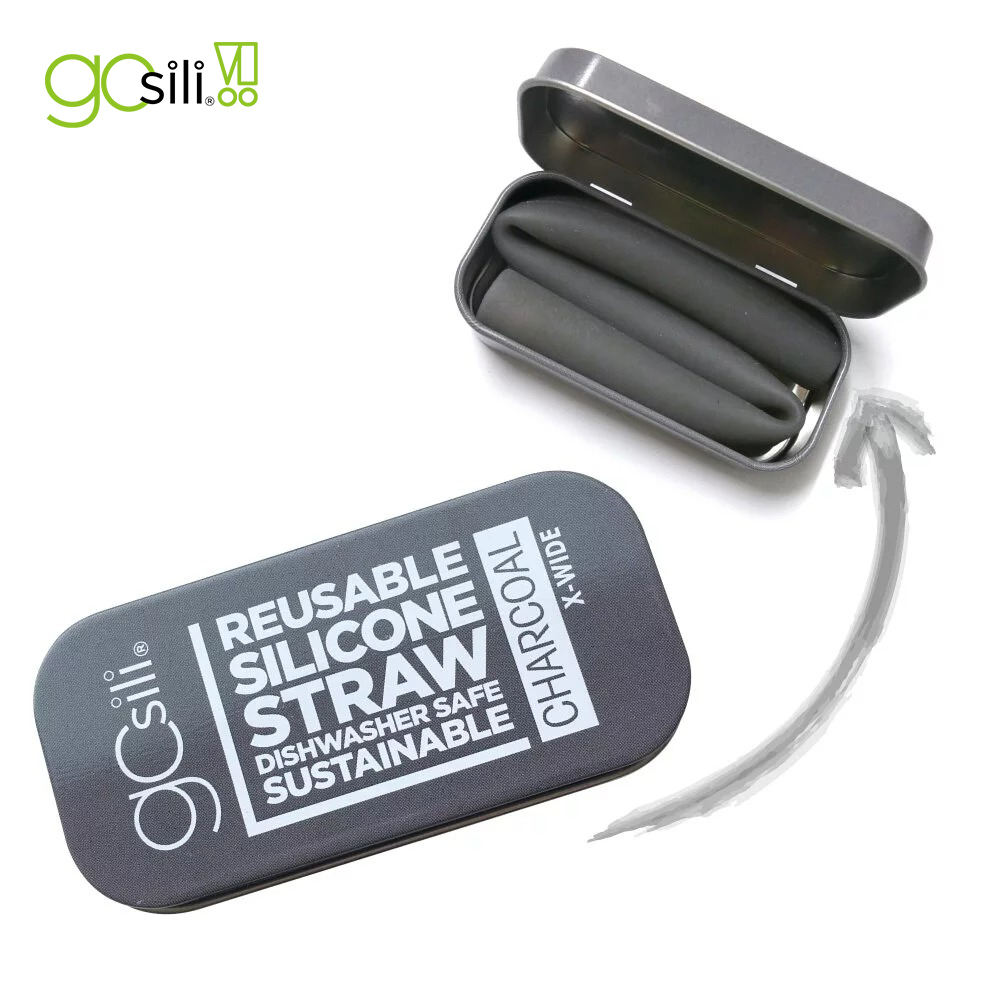 美國GoSili/Silikids ❚ 珍奶款 ❚ 單支吸管隨行口袋組--竹炭灰