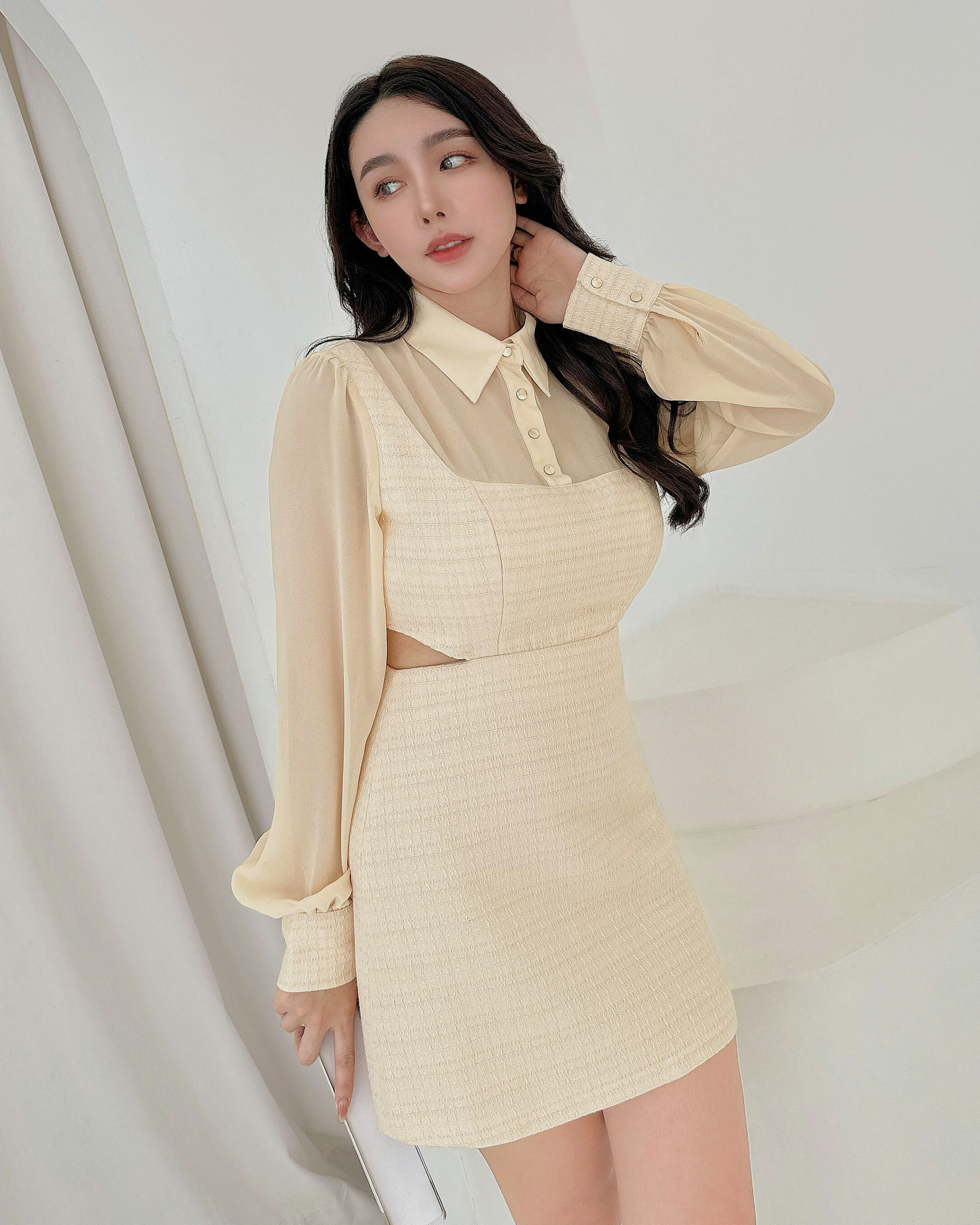 ⭒訂製-氣質拼接網紗露腰編織洋