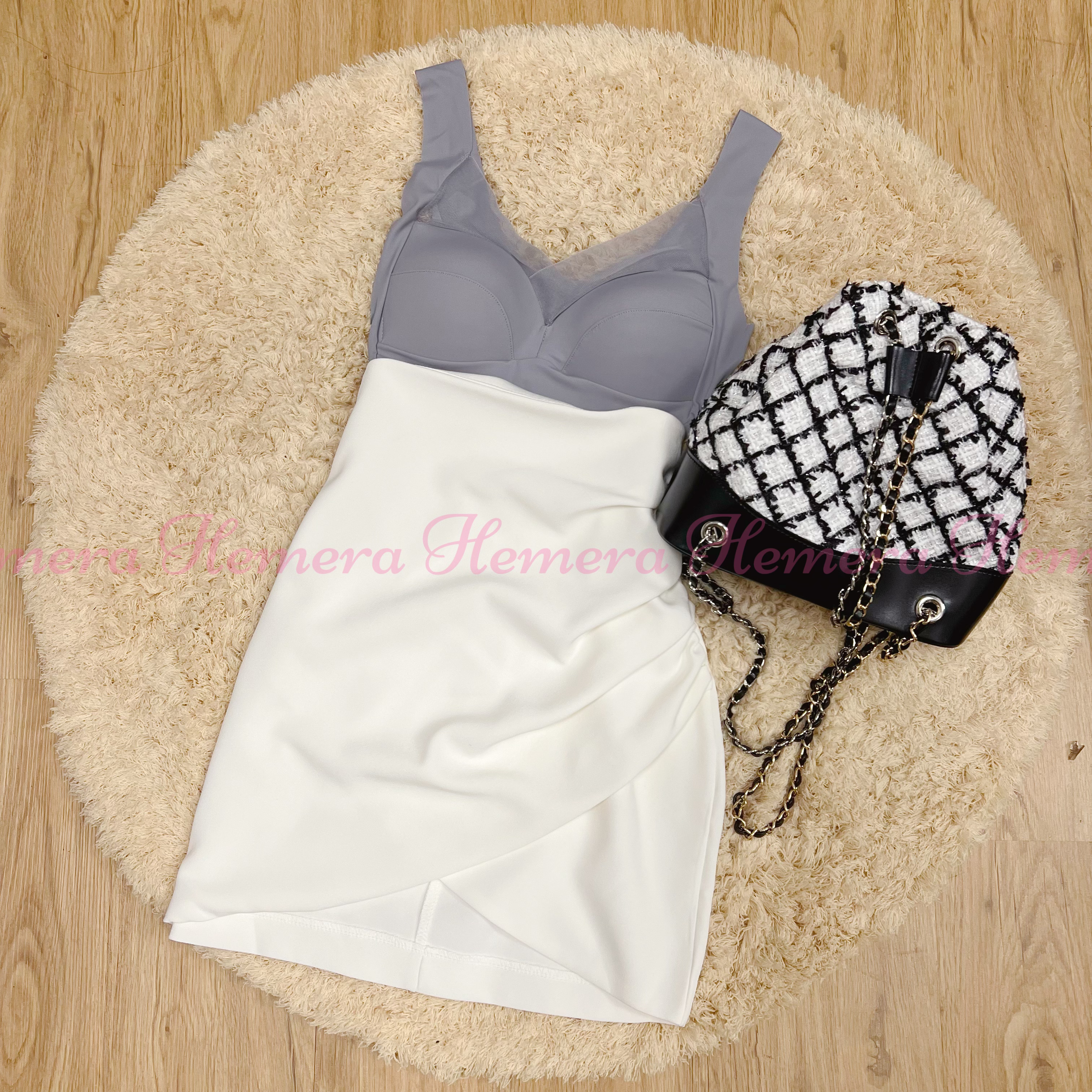 BG22S1048 小香風黑白菱格紋金銀鏈拼色小包