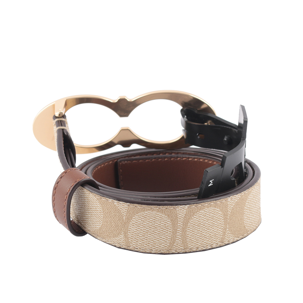 【COACH 】金色CC Logo 塗層帆布寬2.5cm皮帶(卡其/焦糖色)