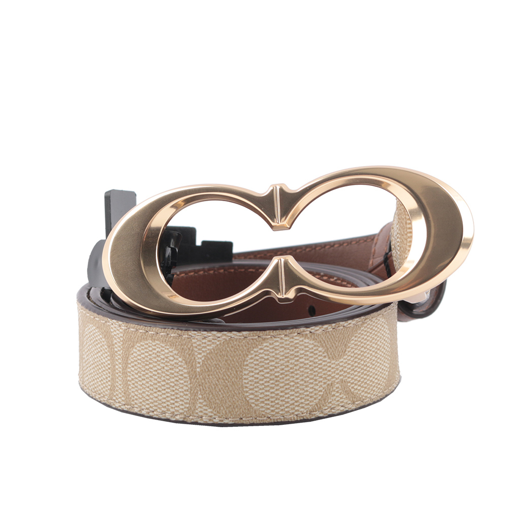 【COACH 】金色CC Logo 塗層帆布寬2.5cm皮帶(卡其/焦糖色)