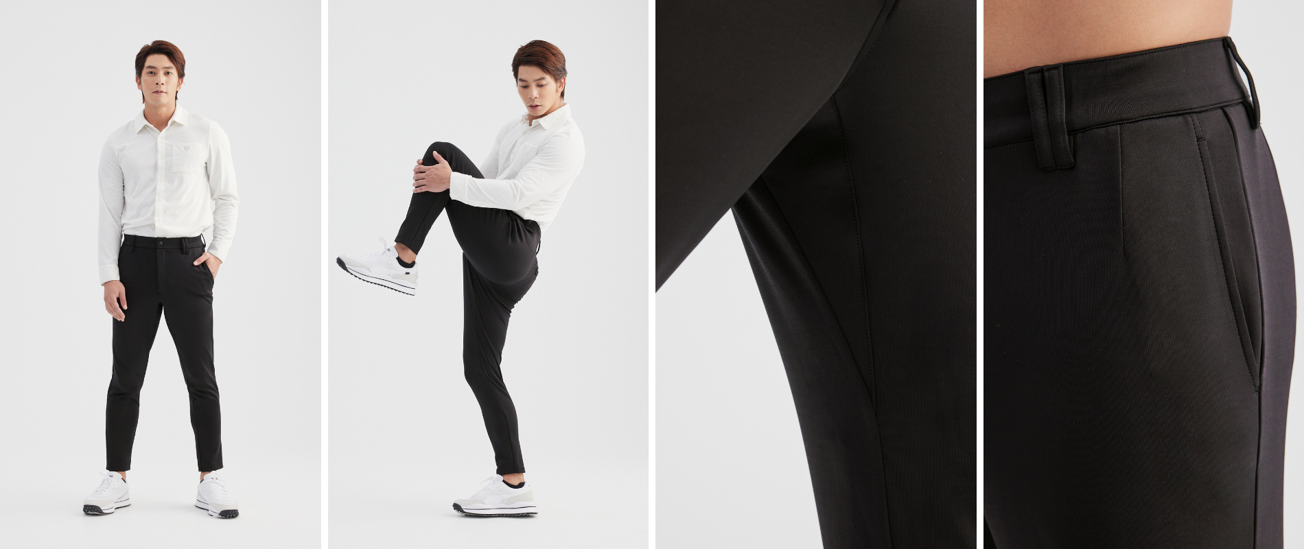 穿著白襯衫與西裝褲的男生與褲子細節