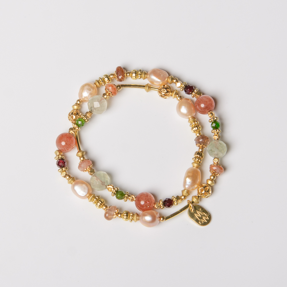 墜入情人夢｜太陽石葡萄石橙珍珠雙圈手鍊 C1453