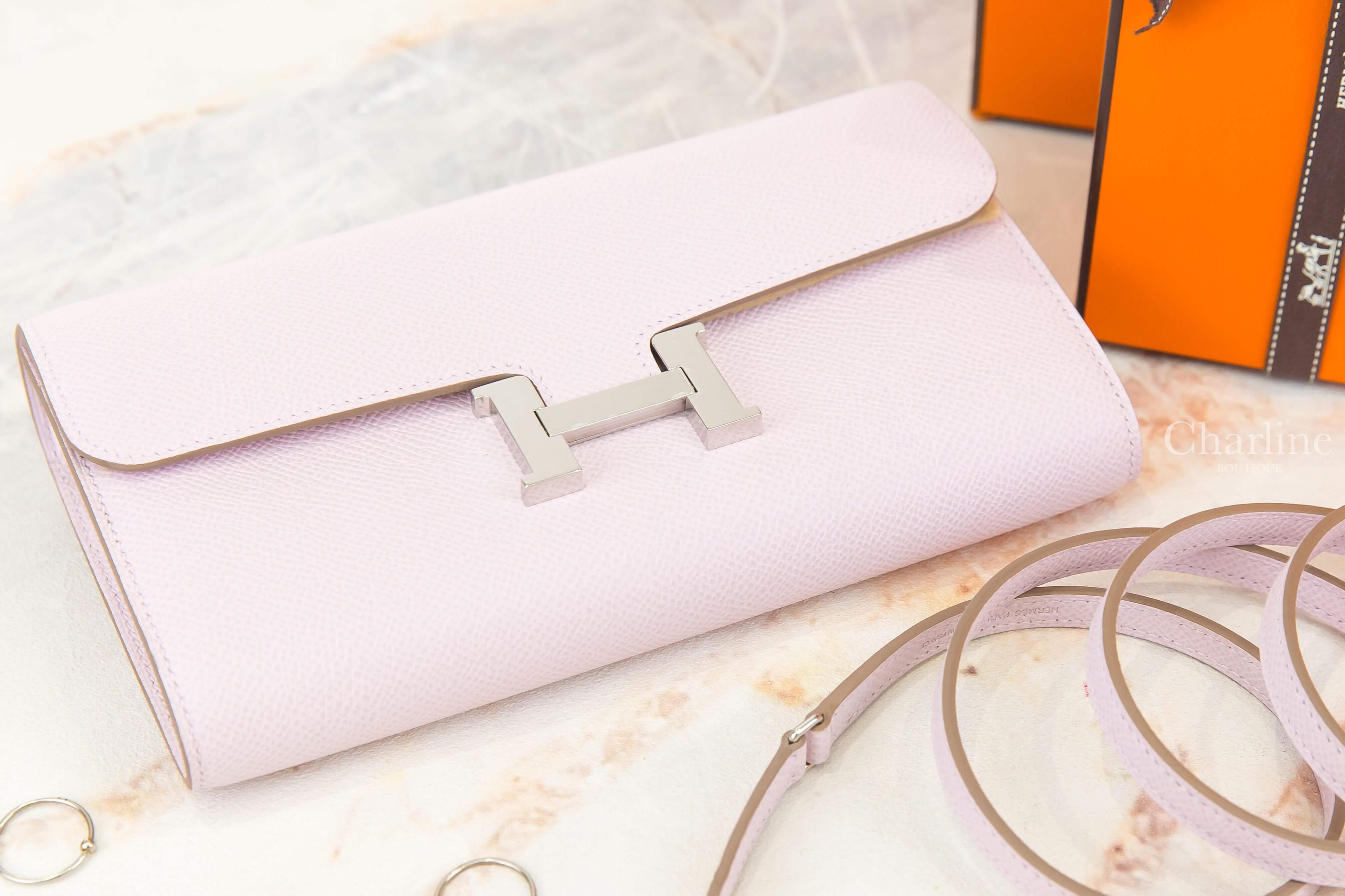 Hermès Constance Long To Go Wallet 09 Mauve Pale Epsom U刻淡紫色銀釦肩背包-Charline Boutique 精品代購