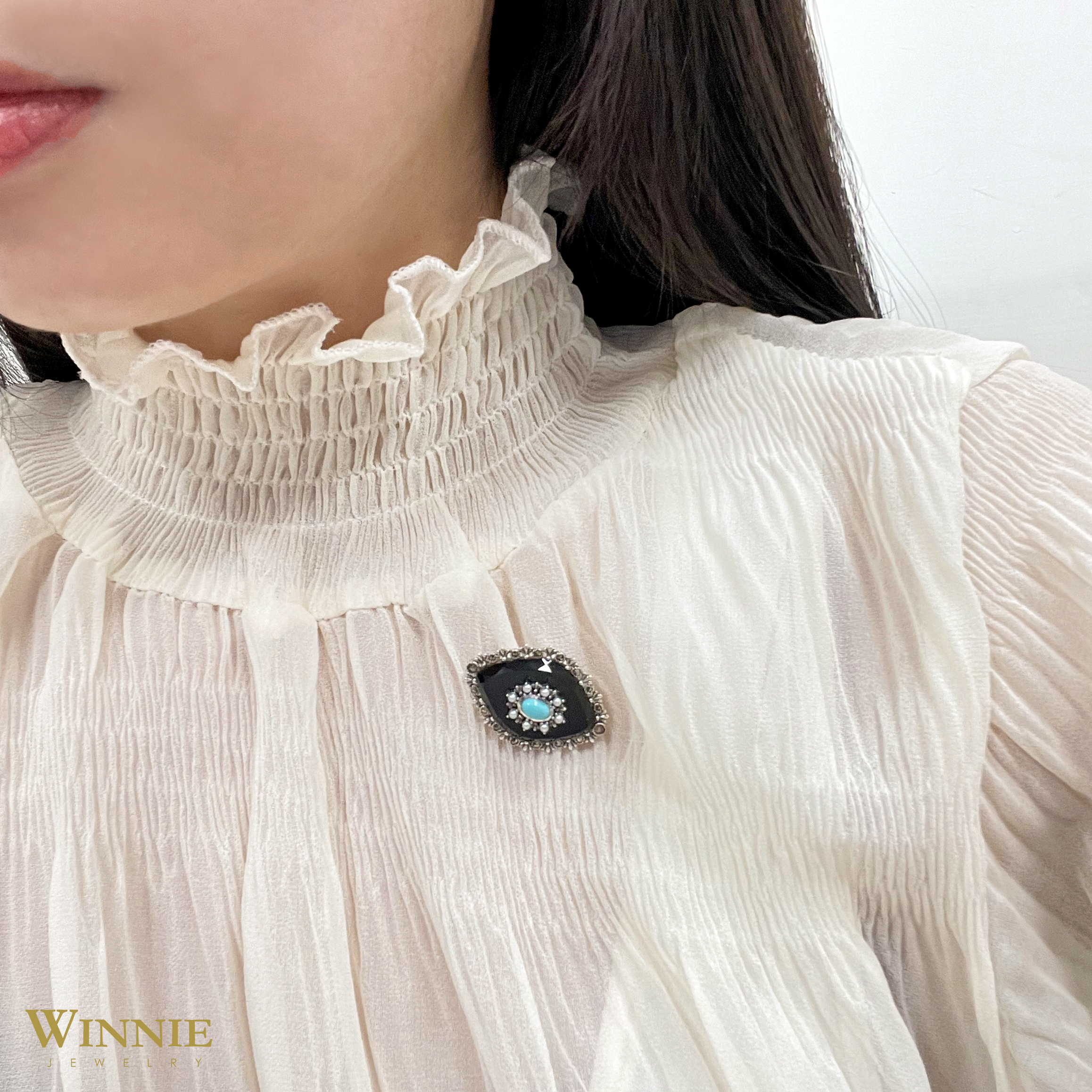 菱形黑瑪瑙花邊胸墜