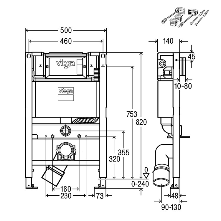 Viega 8533 (772017) + 857036 (776619) Concealed cistern with frame with fixing screw 820H mm (Top or Front Flush)