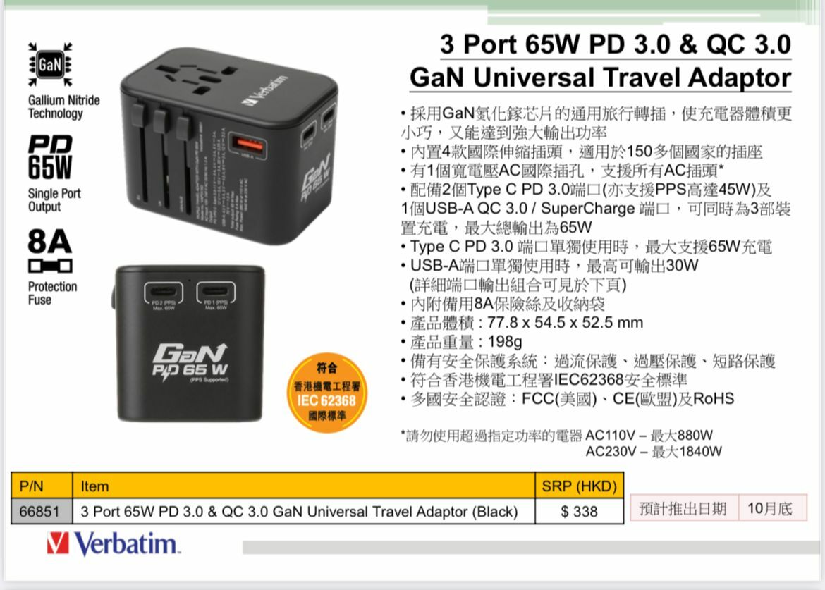 3 Port 65W PD 3.0 & QC 3.0 GaN Universal Travel Adaptor - Verbatim China
