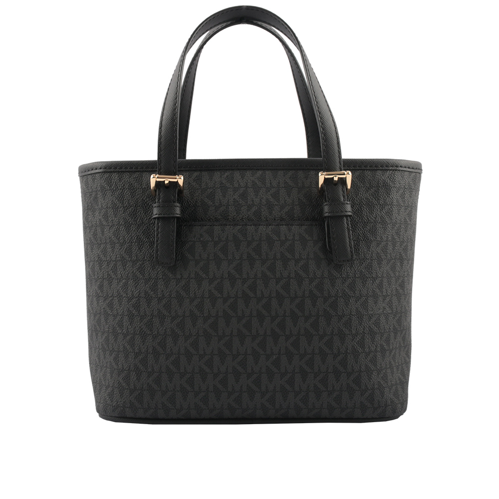 【Michael Kors】滿版圓形Logo 塗層帆布小款托特包(黑色)