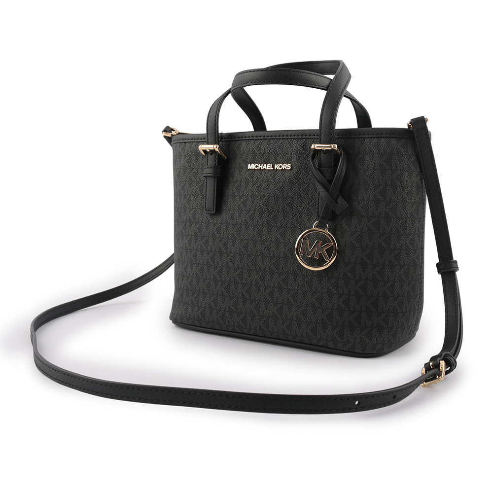 【Michael Kors】滿版圓形Logo 塗層帆布小款托特包(黑色)