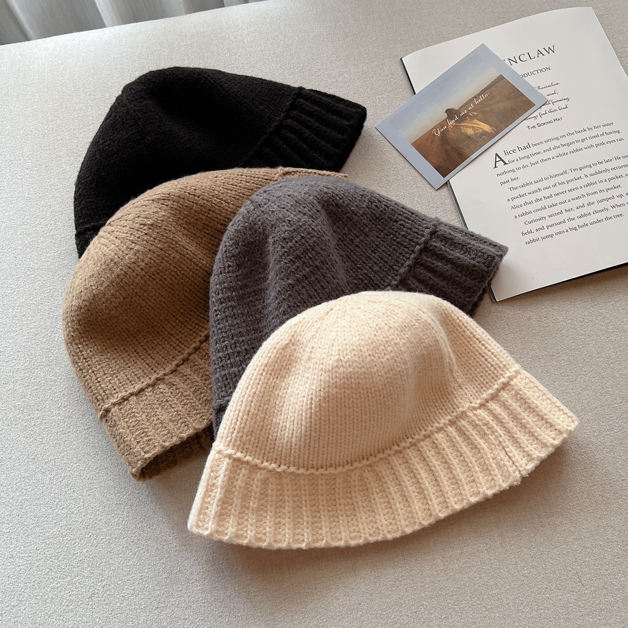 坑條針織漁夫帽/五色