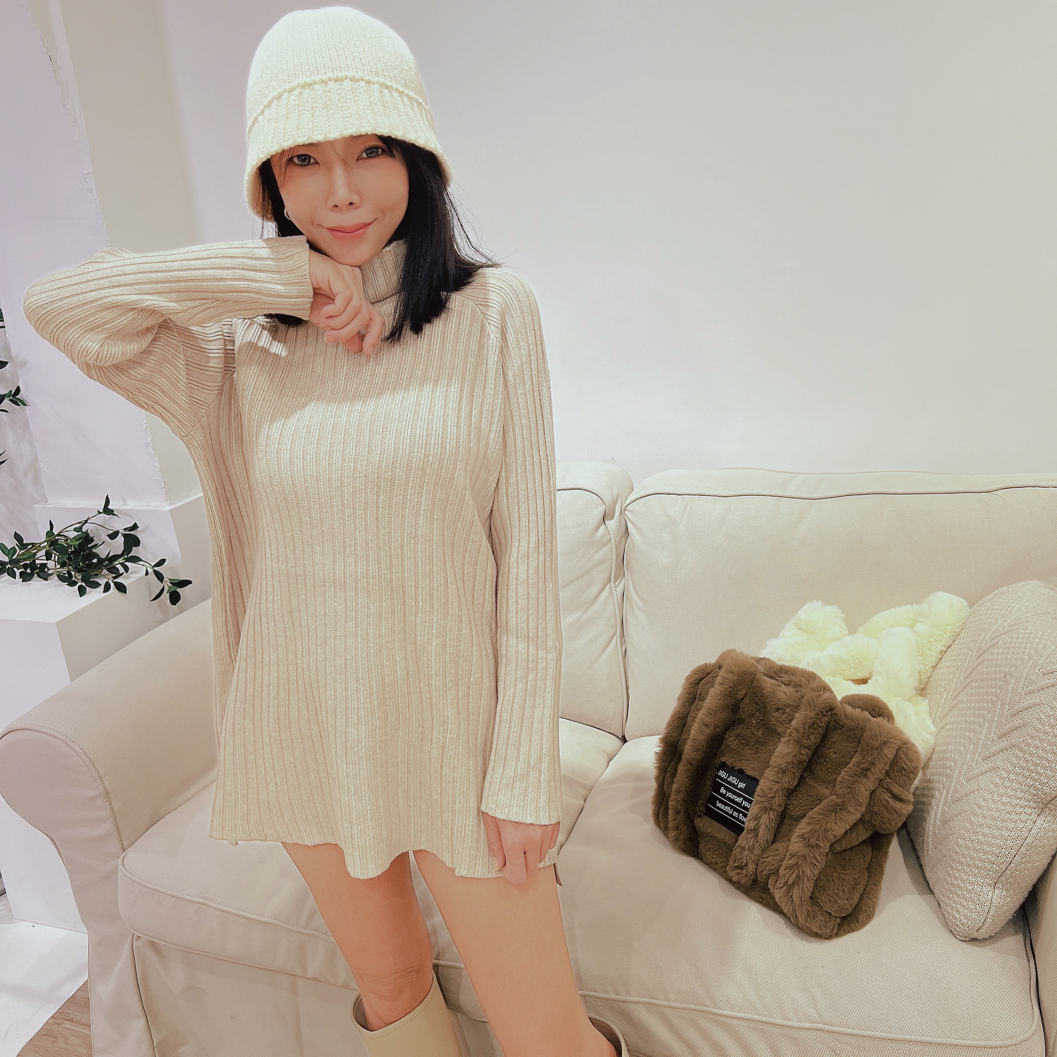 坑條高領針織毛衣/單色