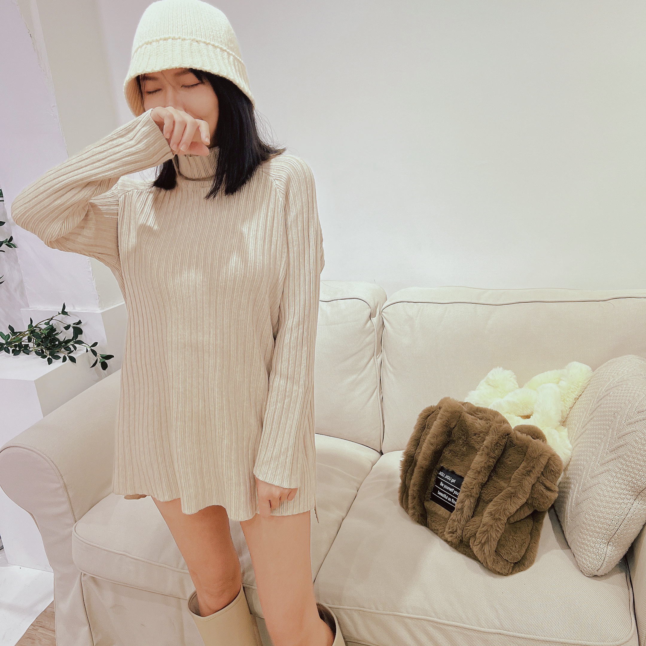 坑條高領針織毛衣/單色