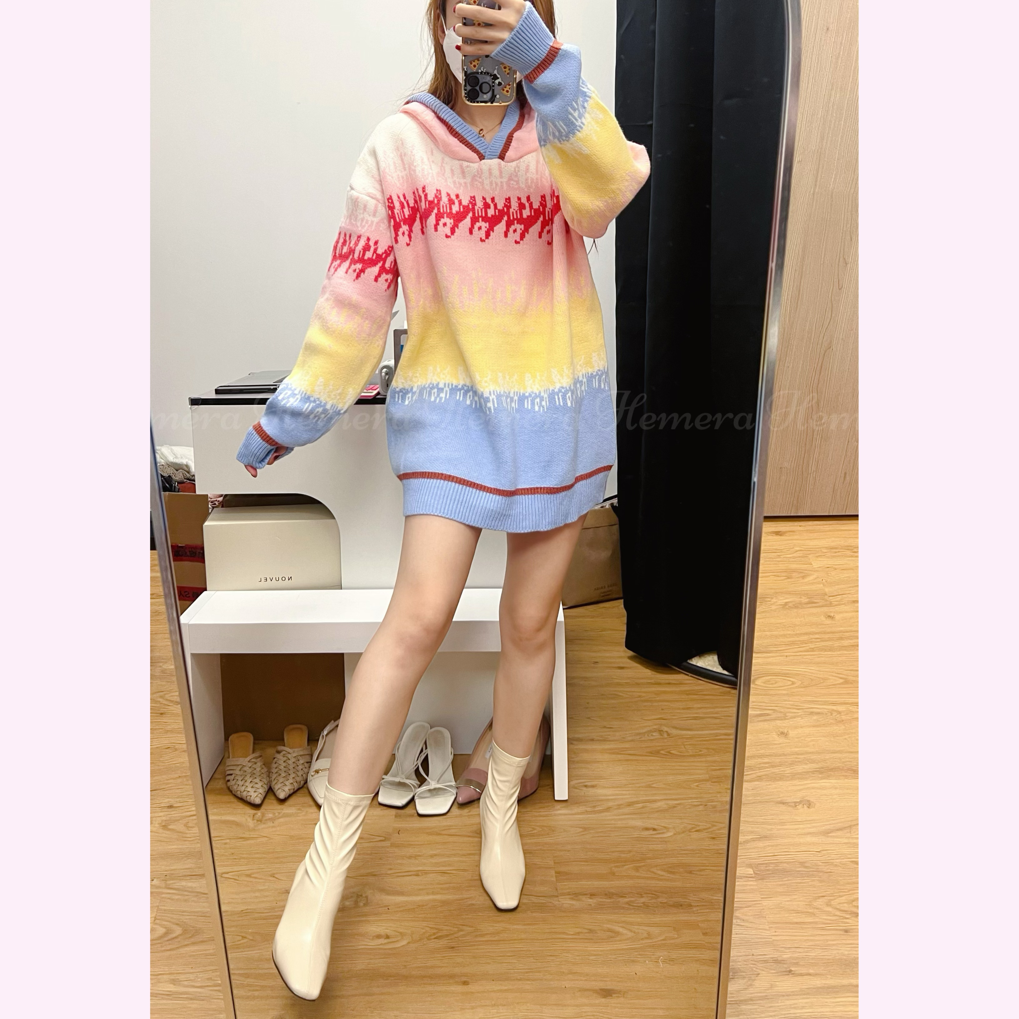 Non-Discounted Item: Street style over-size sweater with hat DR22S1050(Non-discounted item)