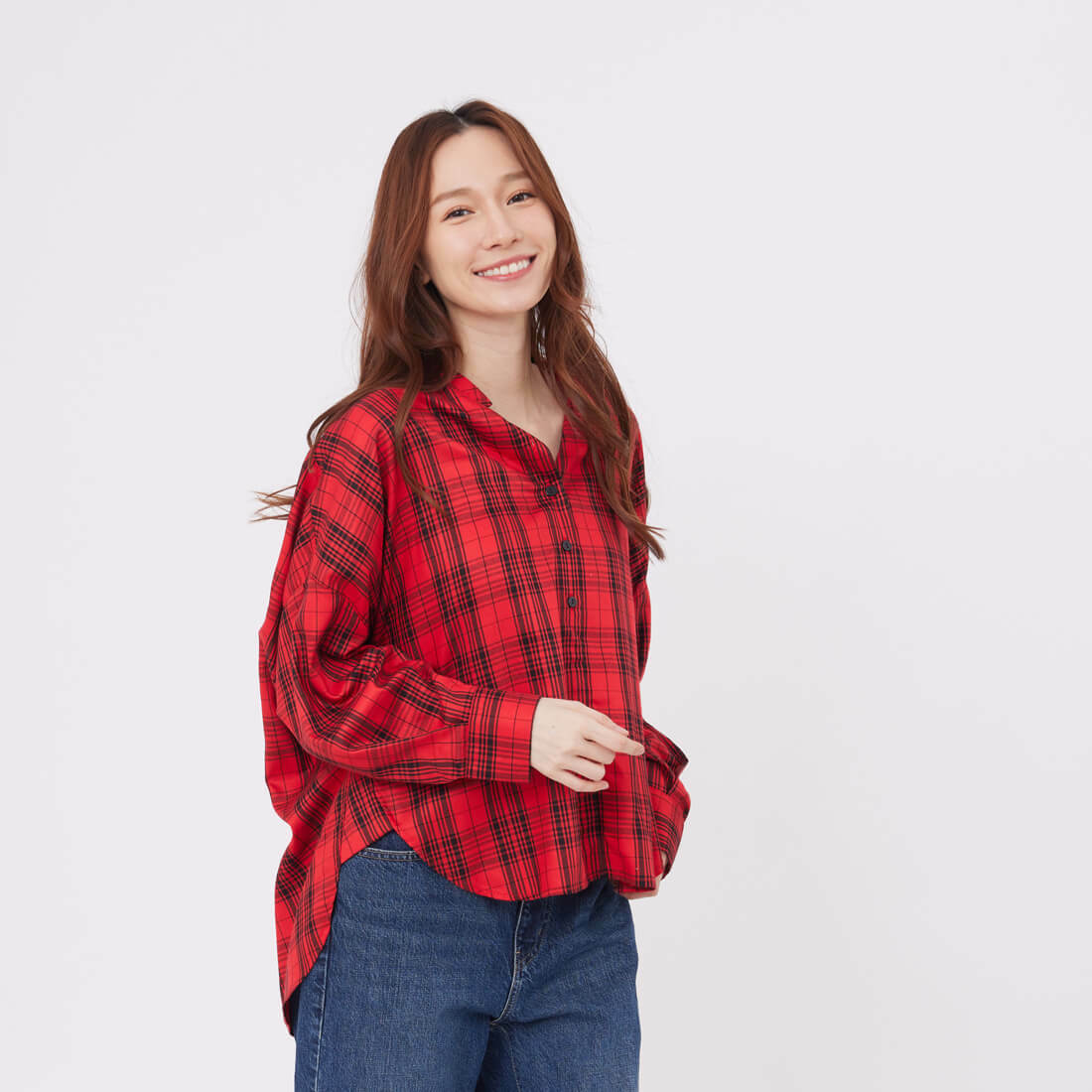 Tracy半開襟寬版八分袖襯衫/紅格紋