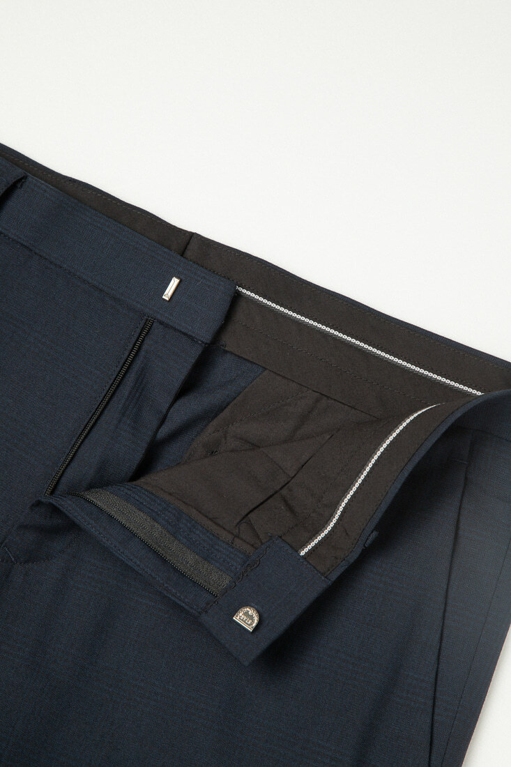 深藍格紋修身西裝褲-內部