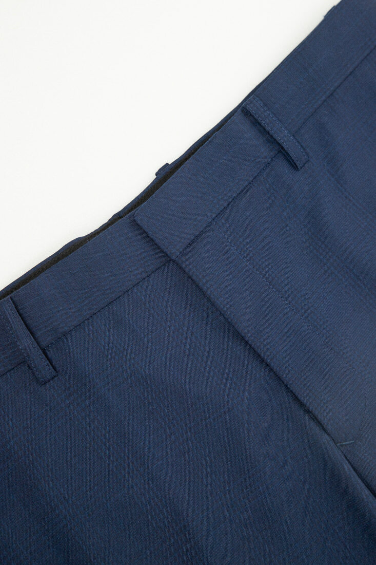 寶藍格紋修身西裝褲-褲頭