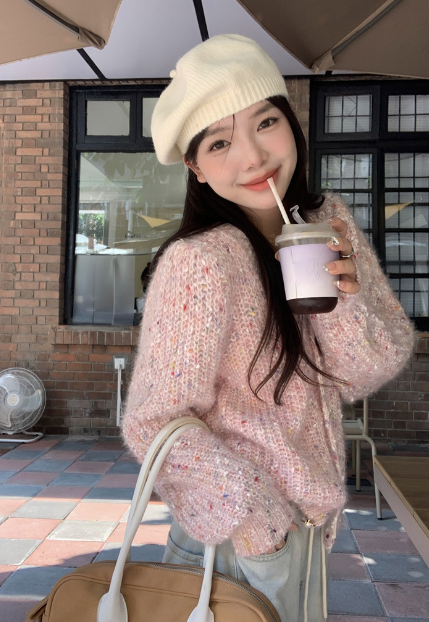 ᴷᴼᴿᴱᴬ 🇰🇷<現貨>奶油粉慵懶短版針織