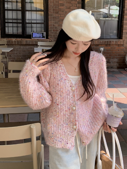 ᴷᴼᴿᴱᴬ 🇰🇷<現貨>奶油粉慵懶短版針織