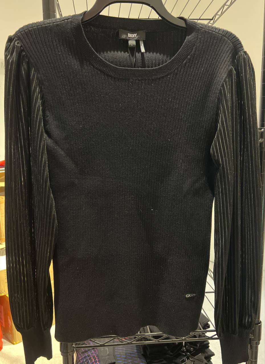 [S] DKNY RIBBED CREW NECK LONG BLOUSON VELVET STRIPED SLEEVE MIXED MEDIA STATEMENT SWEATER,BLACK, P14SN08L-BLACK (SD246)