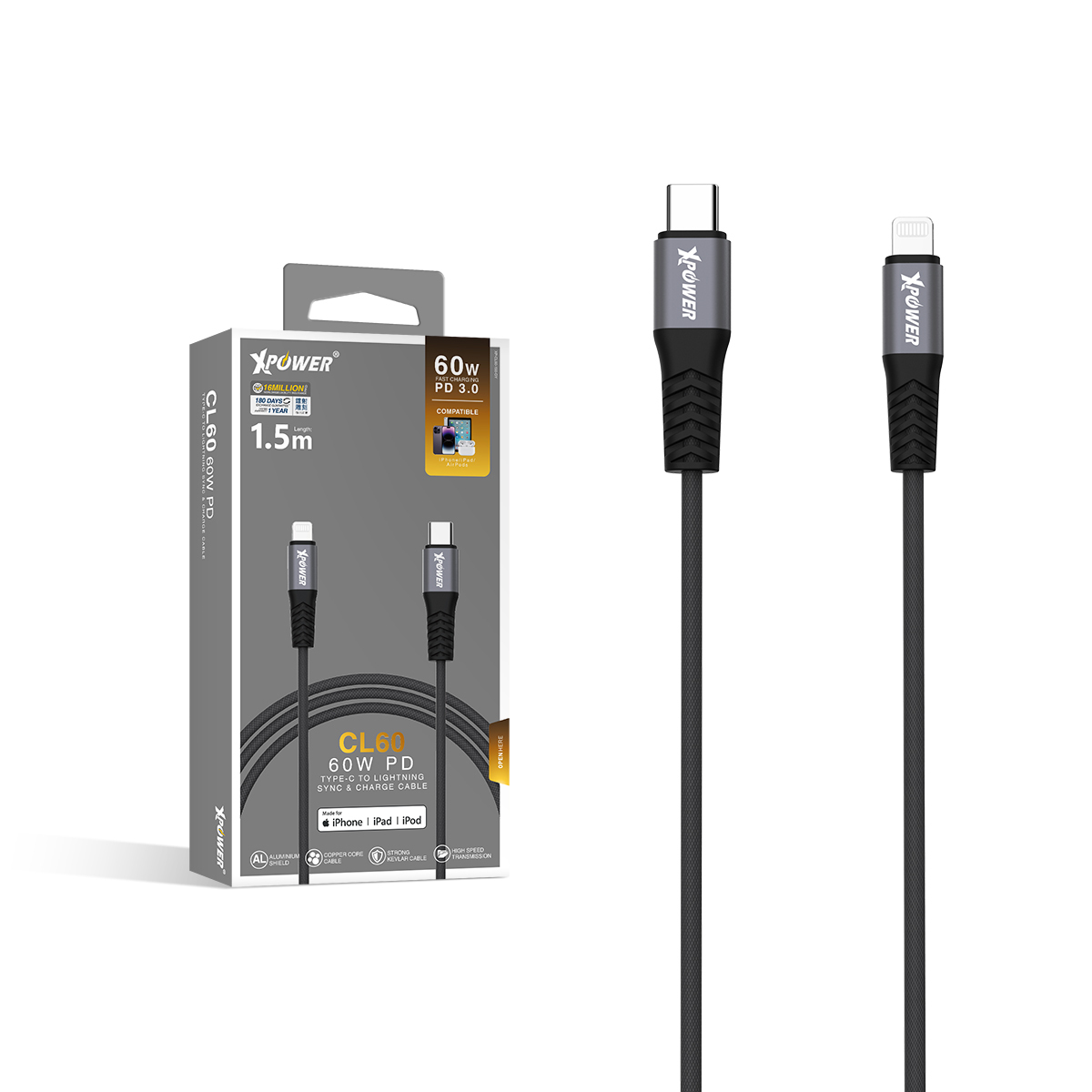 XPower CL60 60W MFi認證鋁合金 TYPE-C>Lightning傳輸充電線 (限時特價產品1個月保養)