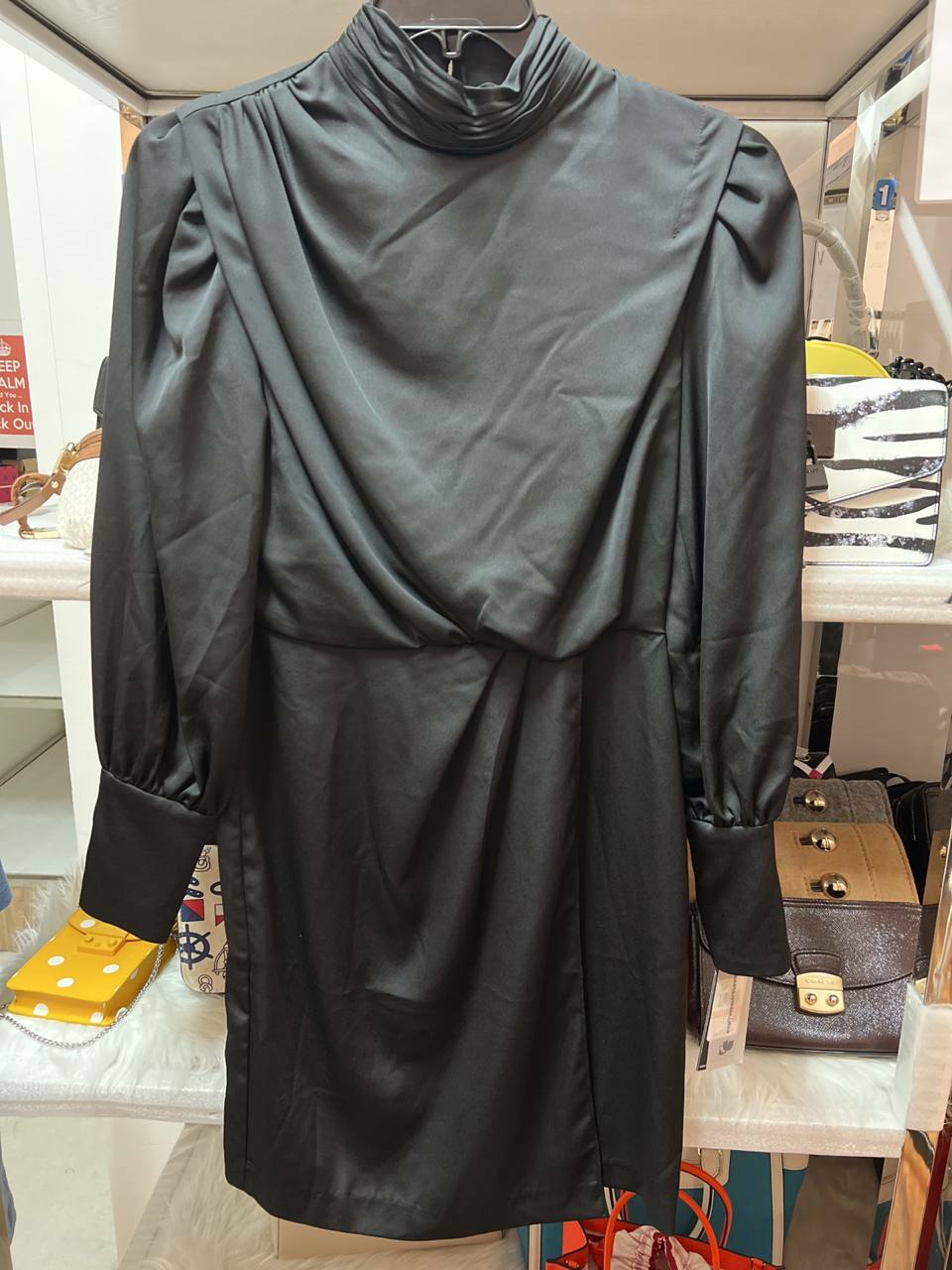 [S] KARL LAGERFELD MOCK NECK SATIN DRESS,BLACK, LD1JE628-BLK [FINAL SALES] (SKL314)