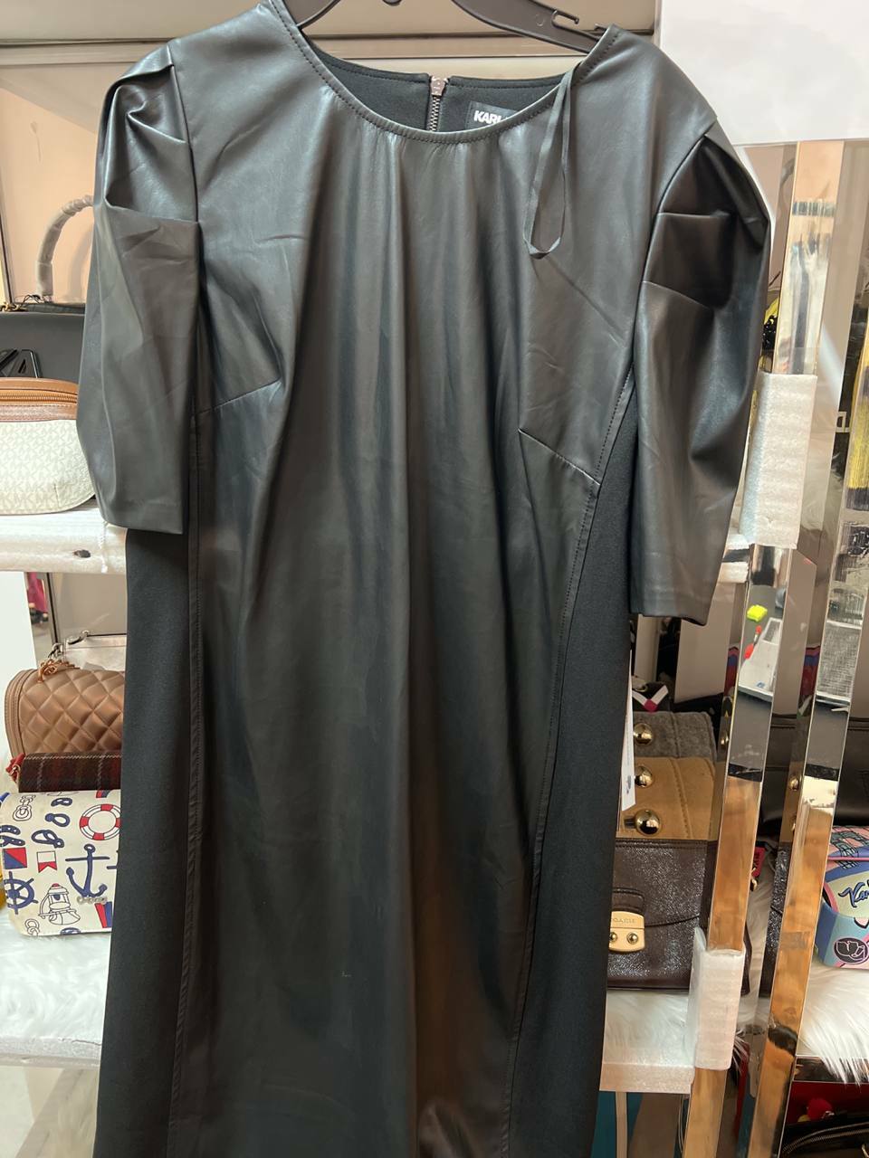 [S] KARL LAGERFELD FAUX LATHER PUFF SLEEVE SHEATH DRESS,BLACK, LD1HQ171-BLK [FINAL SALES] (SKL315)
