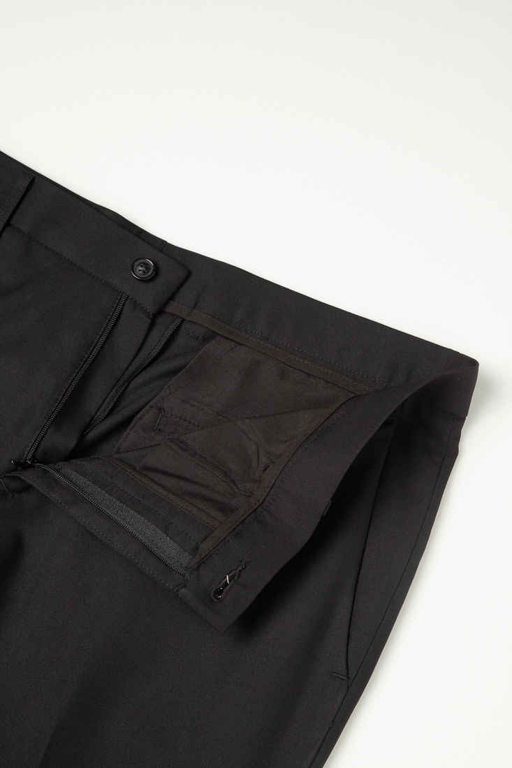 經典時尚黑色彈性修身西裝褲-商務加大素面內部