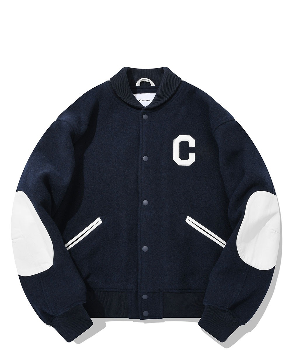 COVERNAT C標誌 羊毛 棒球外套 夾克 海軍藍