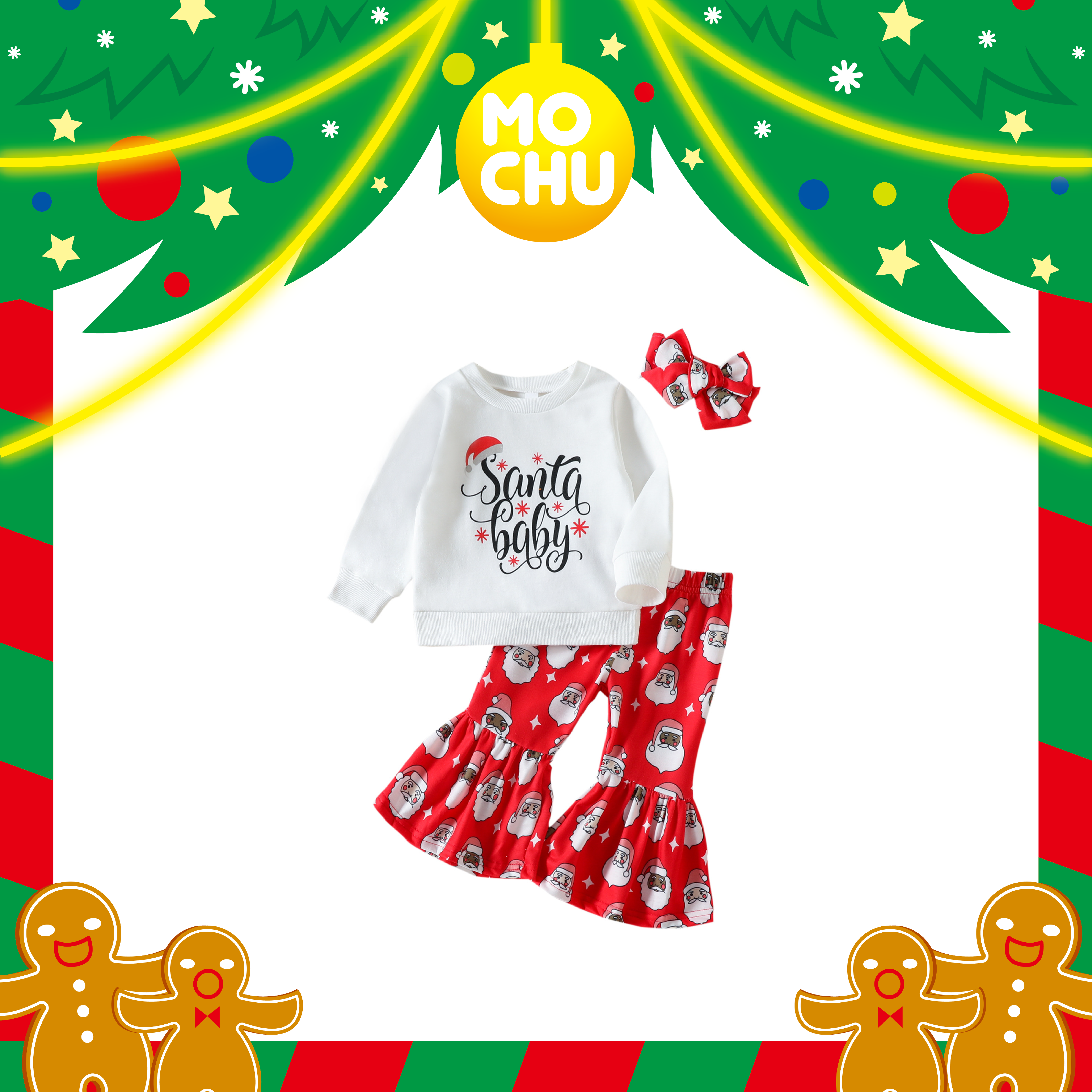 (110cm現貨)聖誕寶貝長袖衛衣+印花喇叭褲三件組