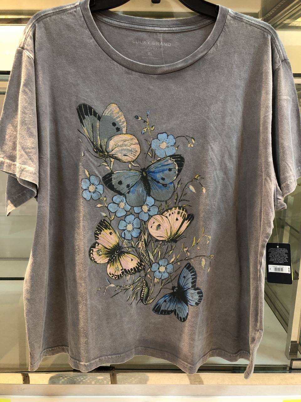 [S] LUCKY BRAND WOMENS BUTTERFLIES BOYFRIEND TEE,GREY, 7W85782-4SY050, FINAL SALE (SLB27)