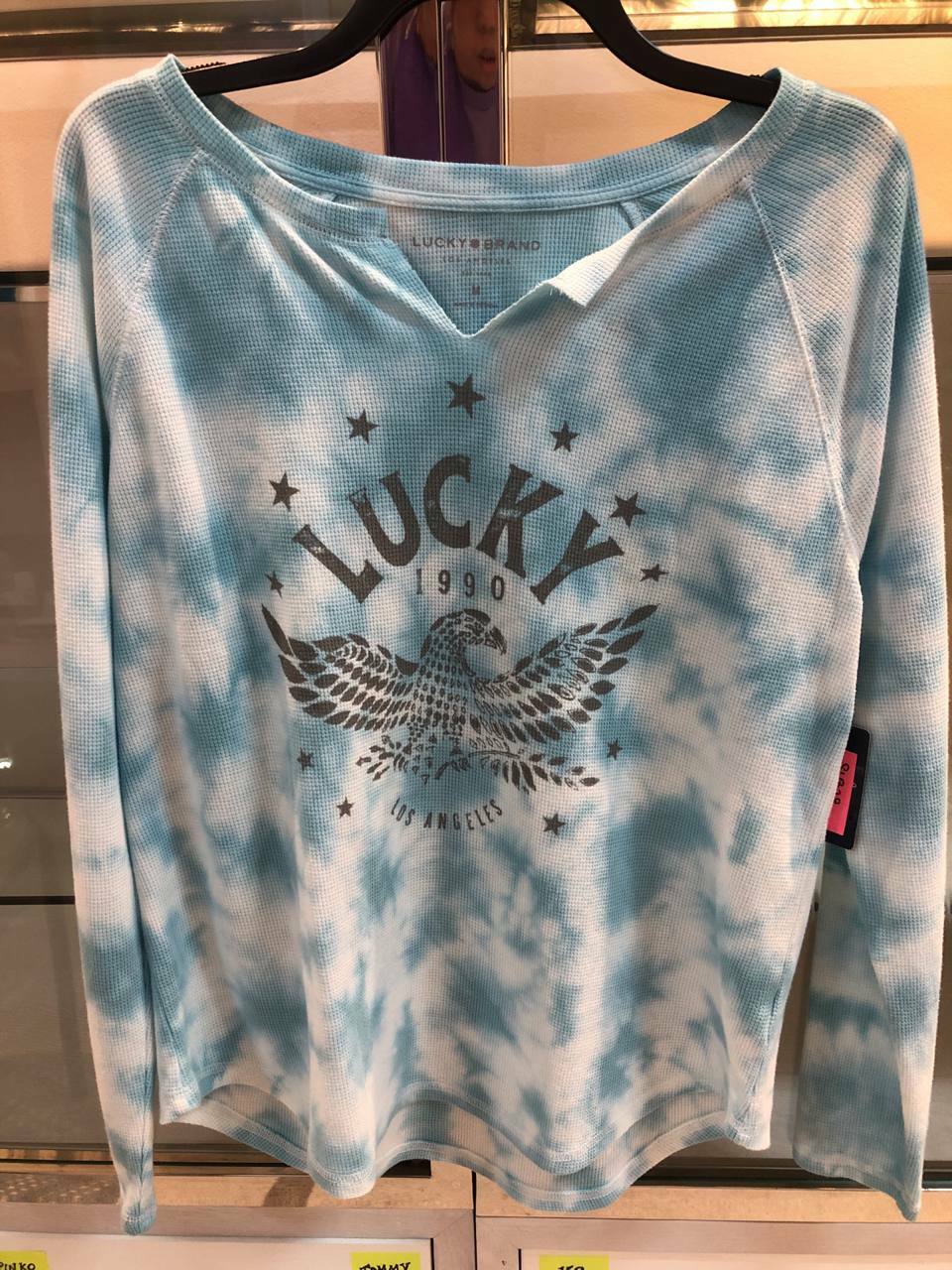 [S] LUCKY BRAND WOMENS LUCKY 1990 LOS ANGELES TEE,BLUE/WHITE TIE DYE LONG SLEEVE, 7WDG1405-BMU460 [FINAL SALE] (SLB28)
