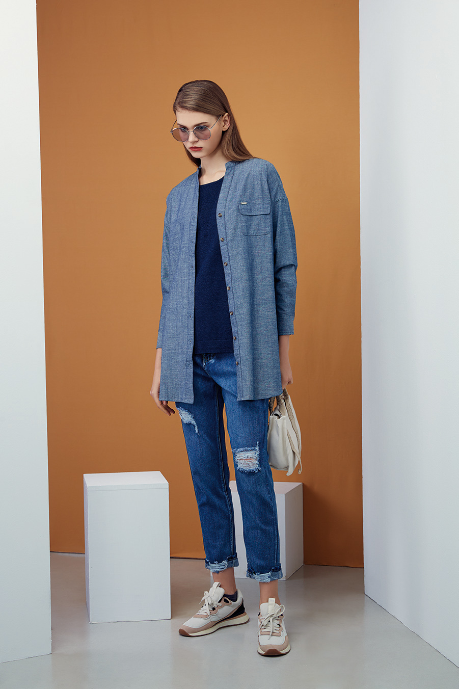 牛仔文青風長版上衣R6091