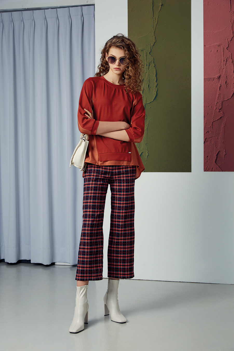 經典復古格紋時尚八分寬褲R6361