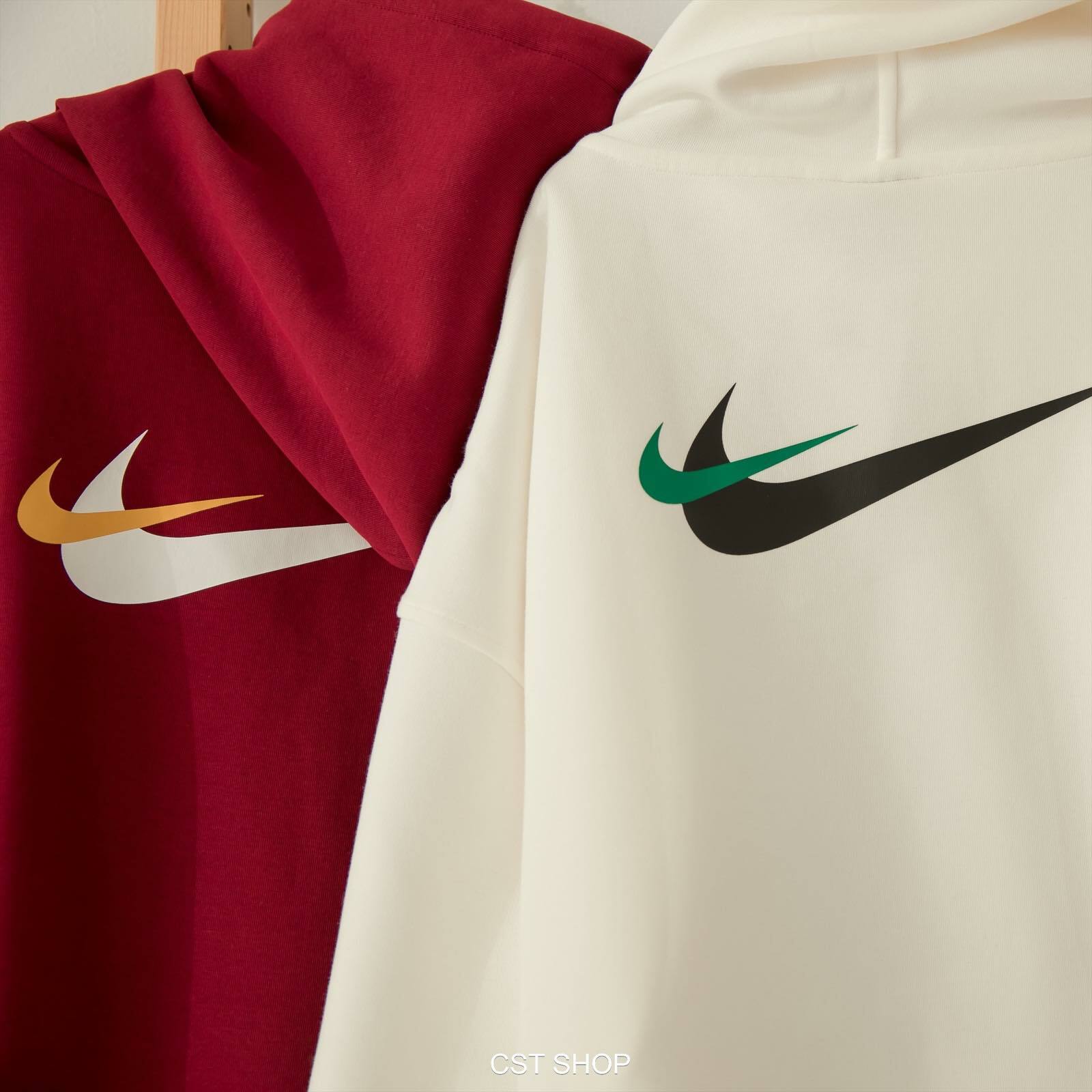 女款NIKE NSW HOODIE 米白色酒紅色40週年復古雙勾落肩帽T FB7650-133