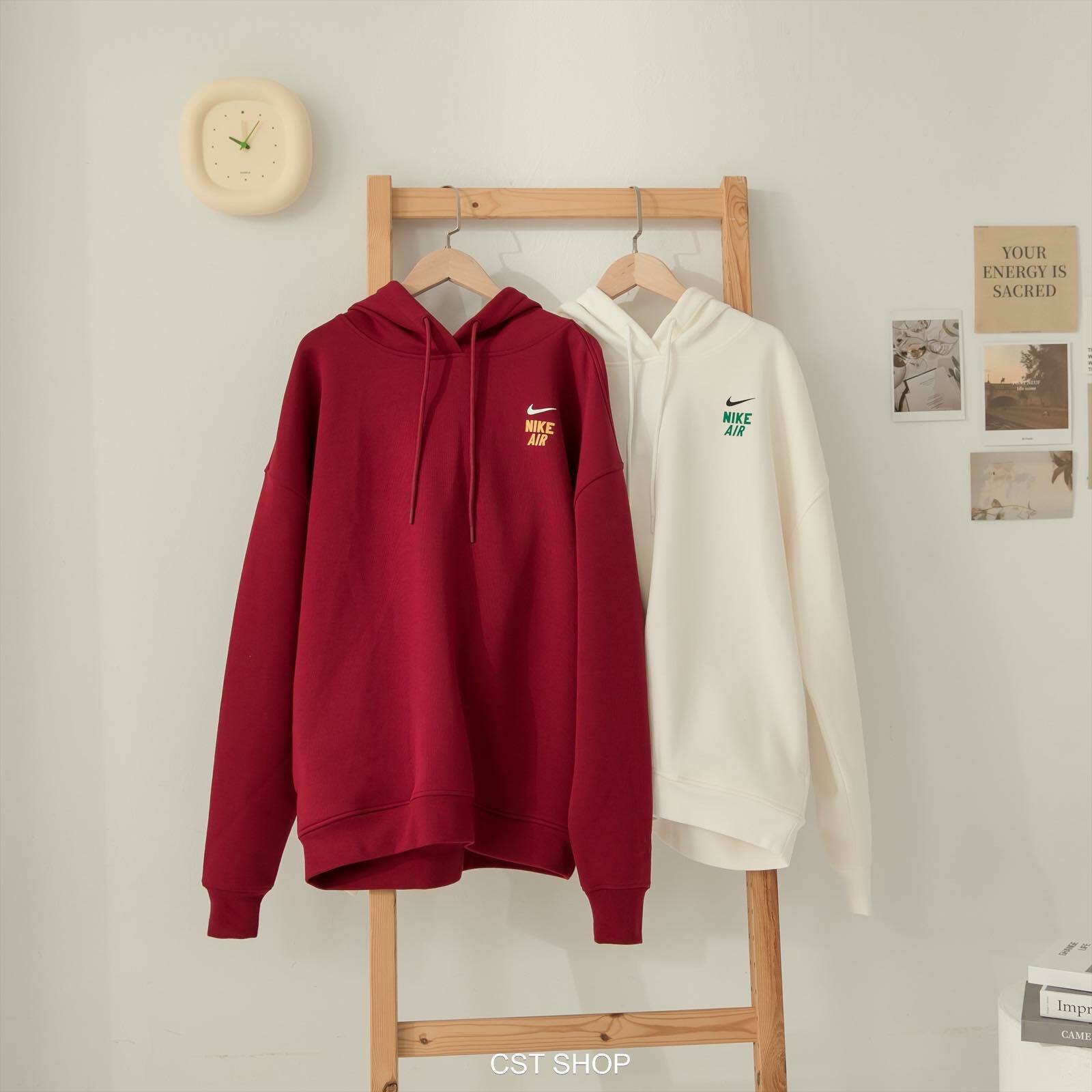 女款NIKE NSW HOODIE 米白色酒紅色40週年復古雙勾落肩帽T