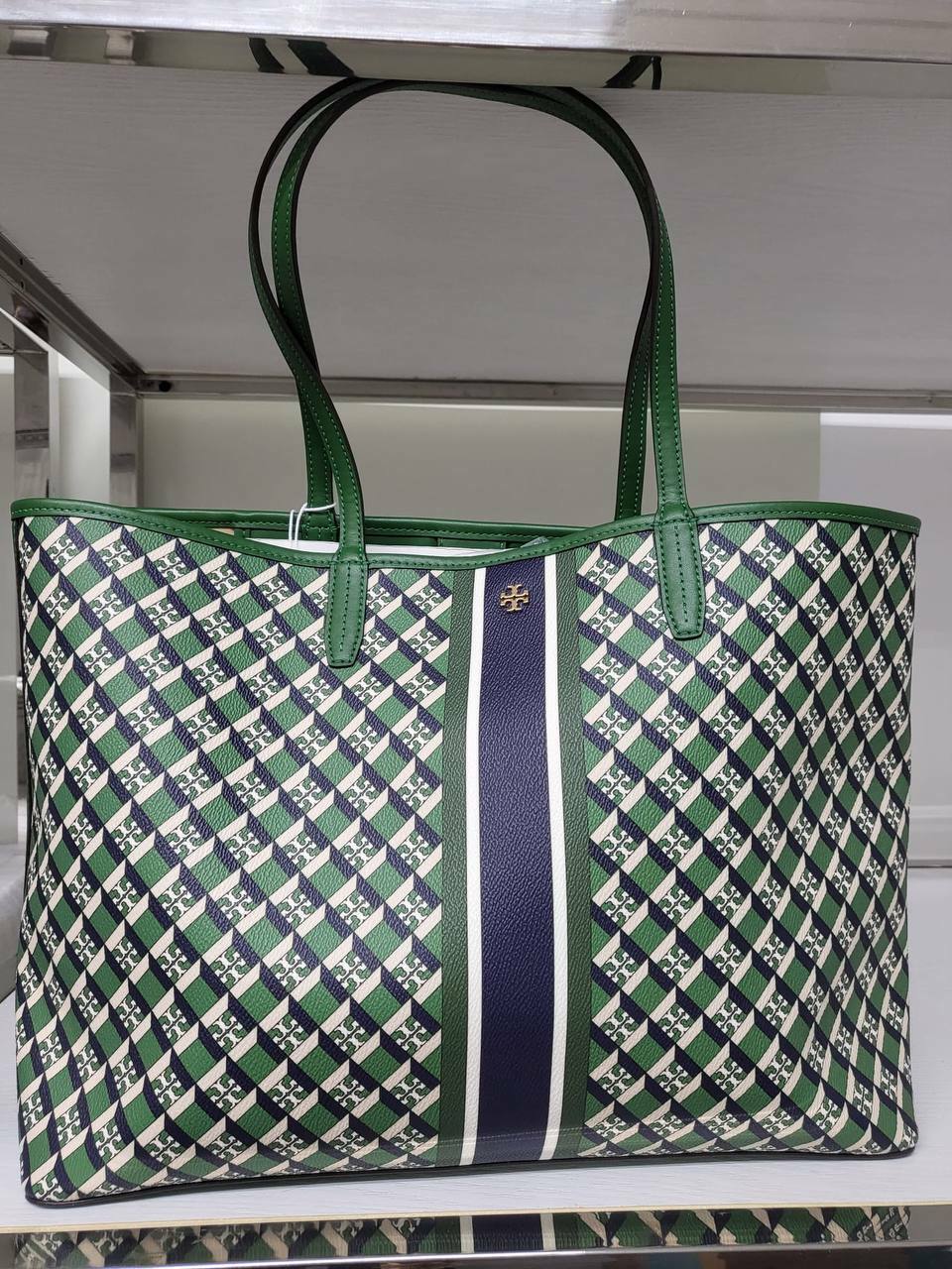 [S] TORY BURCH GEO LOGO TOTE WITH STRIPE,GREEN, 82398-0521 (STB174)
