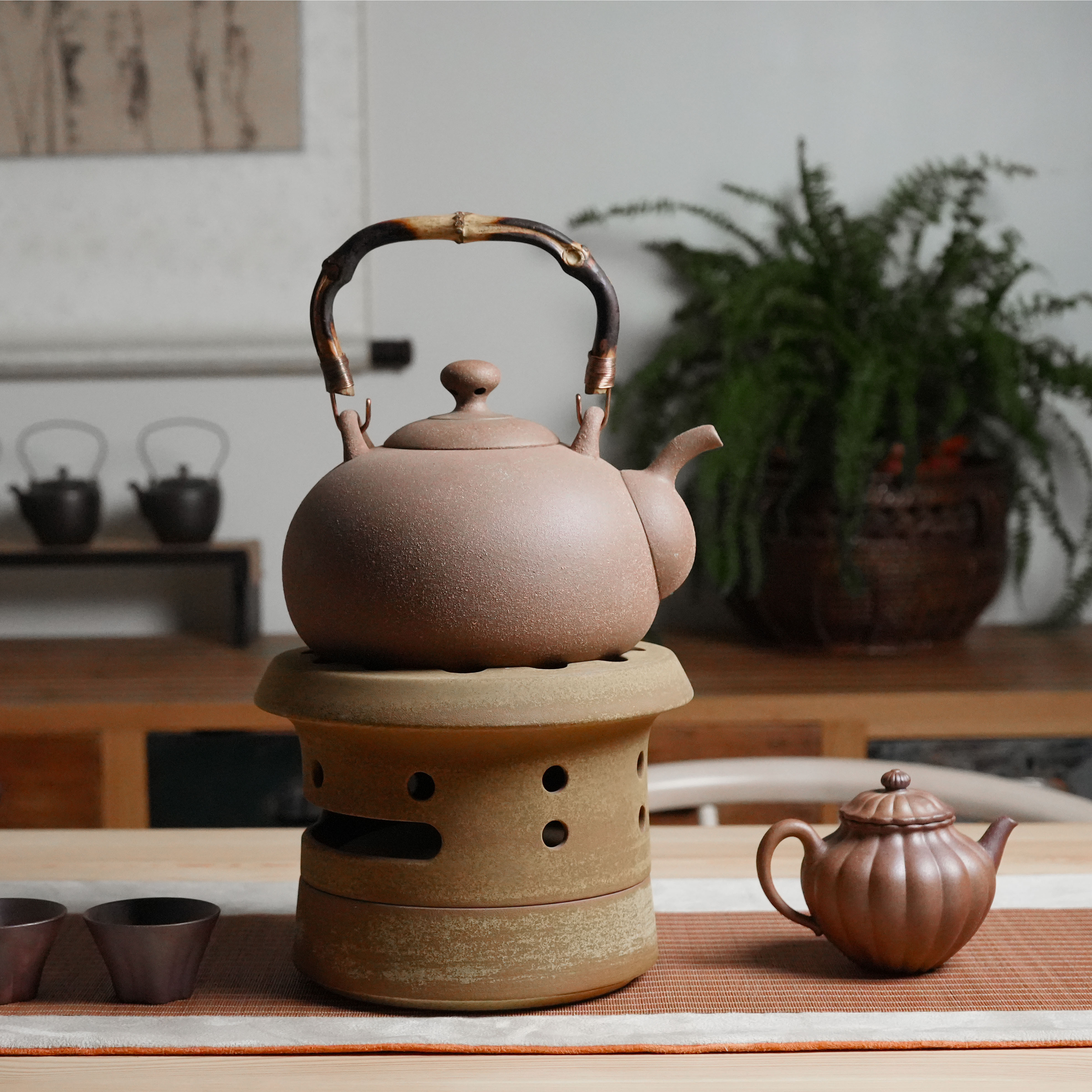陶作坊 │ 老岩泥燒水壺一式(竹把手)_1400ml