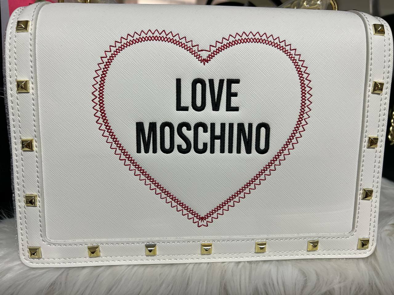 [S] LOVE MOSCHINO HANDBAG, WHITE WITH GOLD STUDS, 8054400639232 (SLM44)