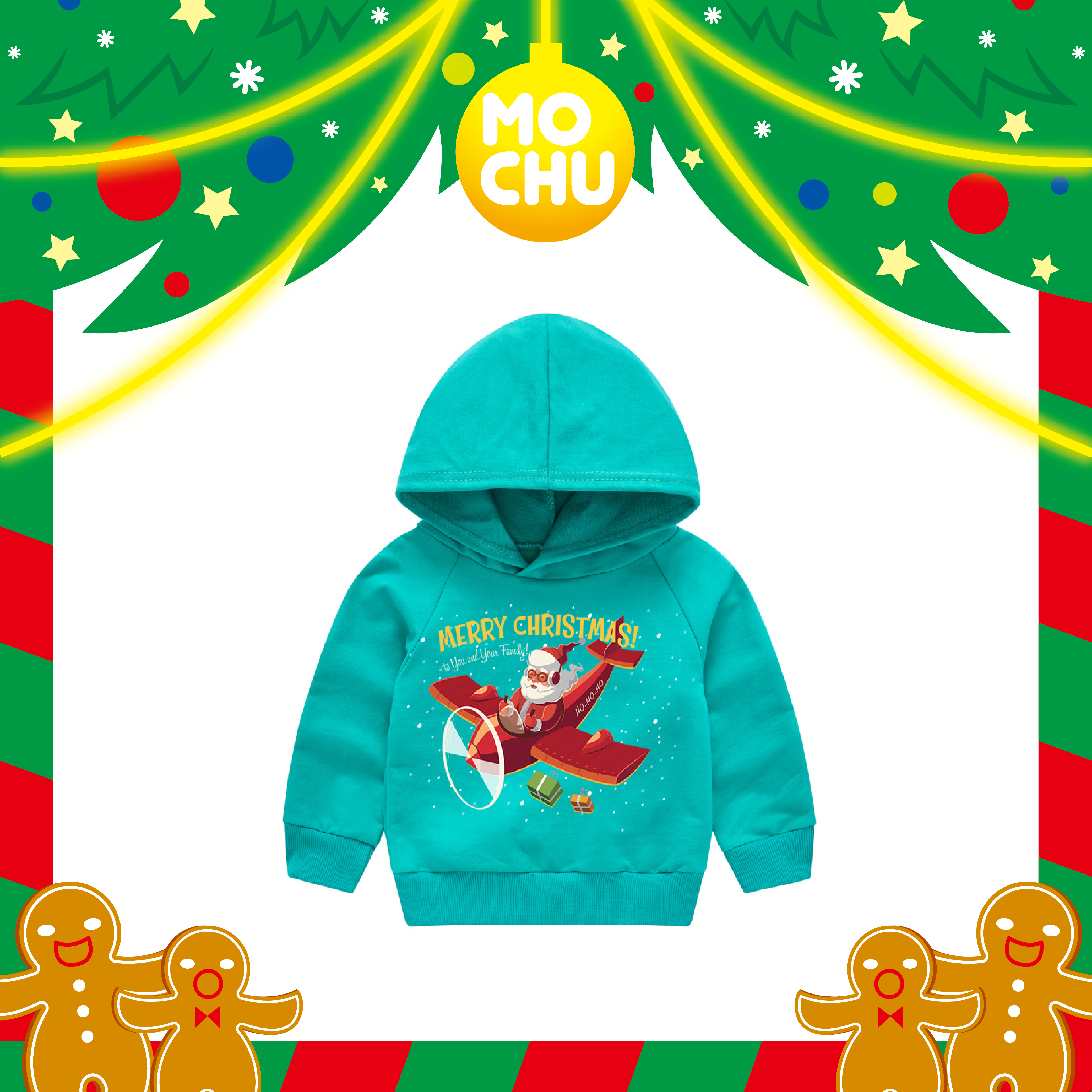 (100碼現貨)聖誕老人開飛機印花連帽衛衣