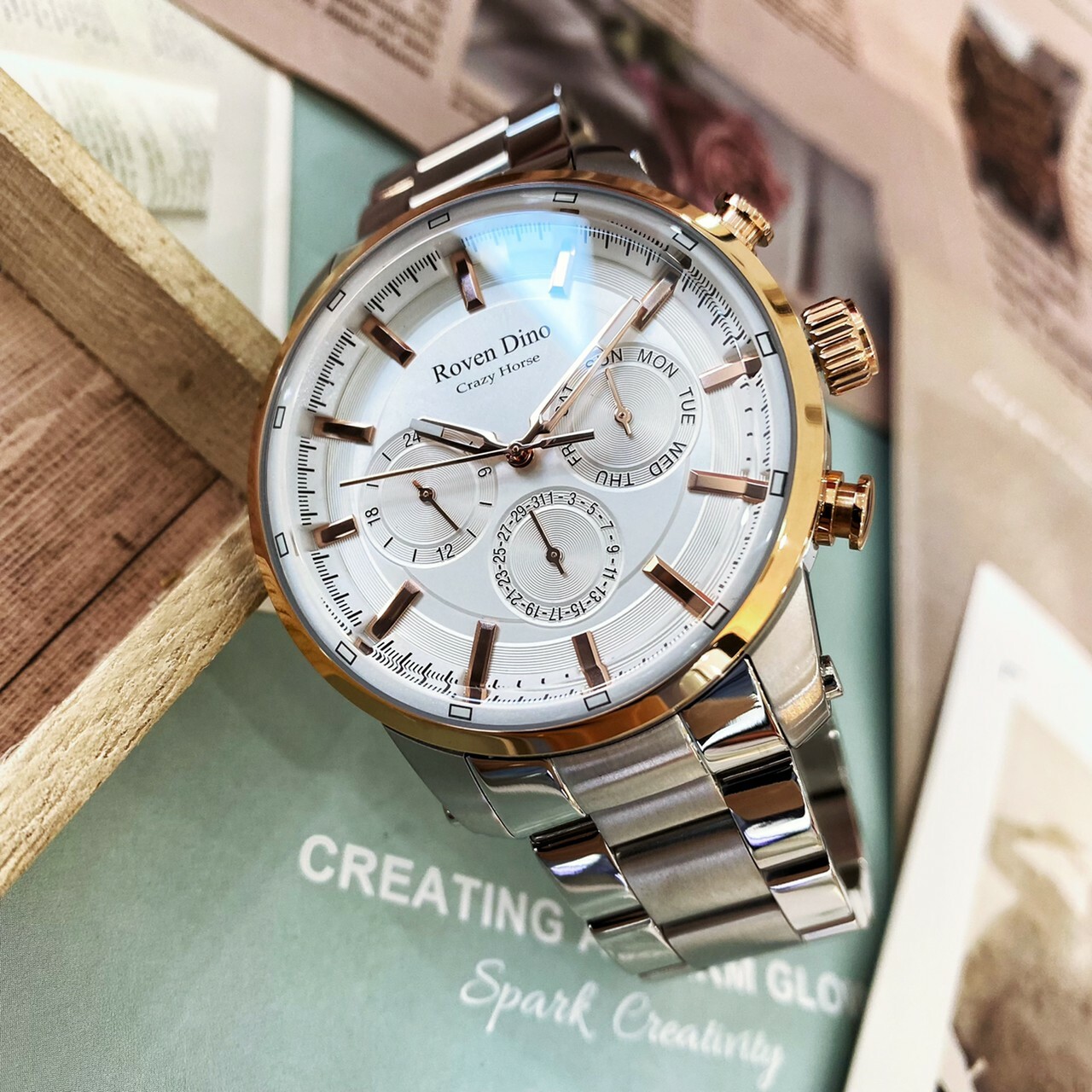【Roven Dino 羅梵迪諾】金牌特務白鋼玫瑰金框三眼時尚腕錶 RD6090S 45mm 現代鐘錶
