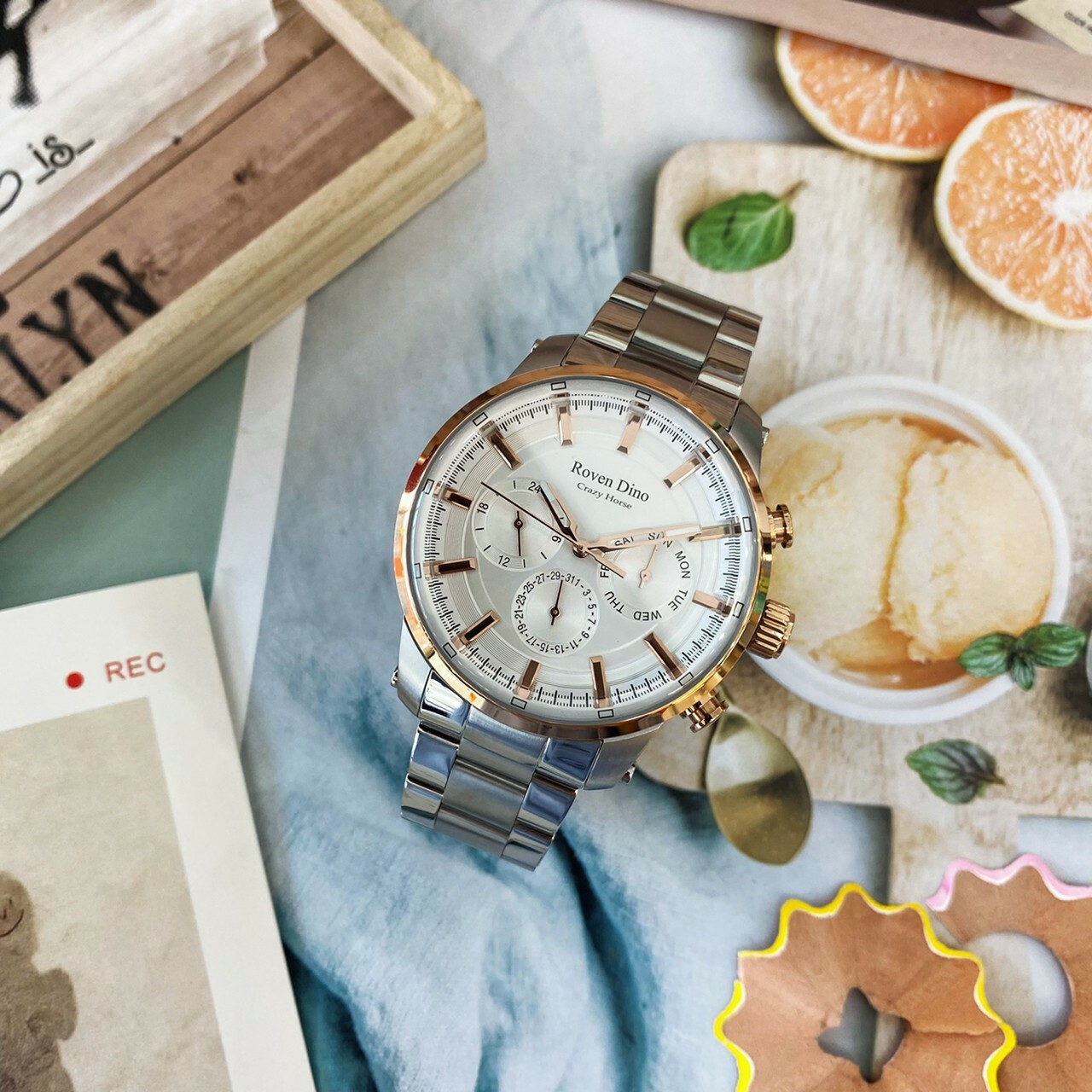 【Roven Dino 羅梵迪諾】金牌特務白鋼玫瑰金框三眼時尚腕錶 RD6090S 45mm 現代鐘錶