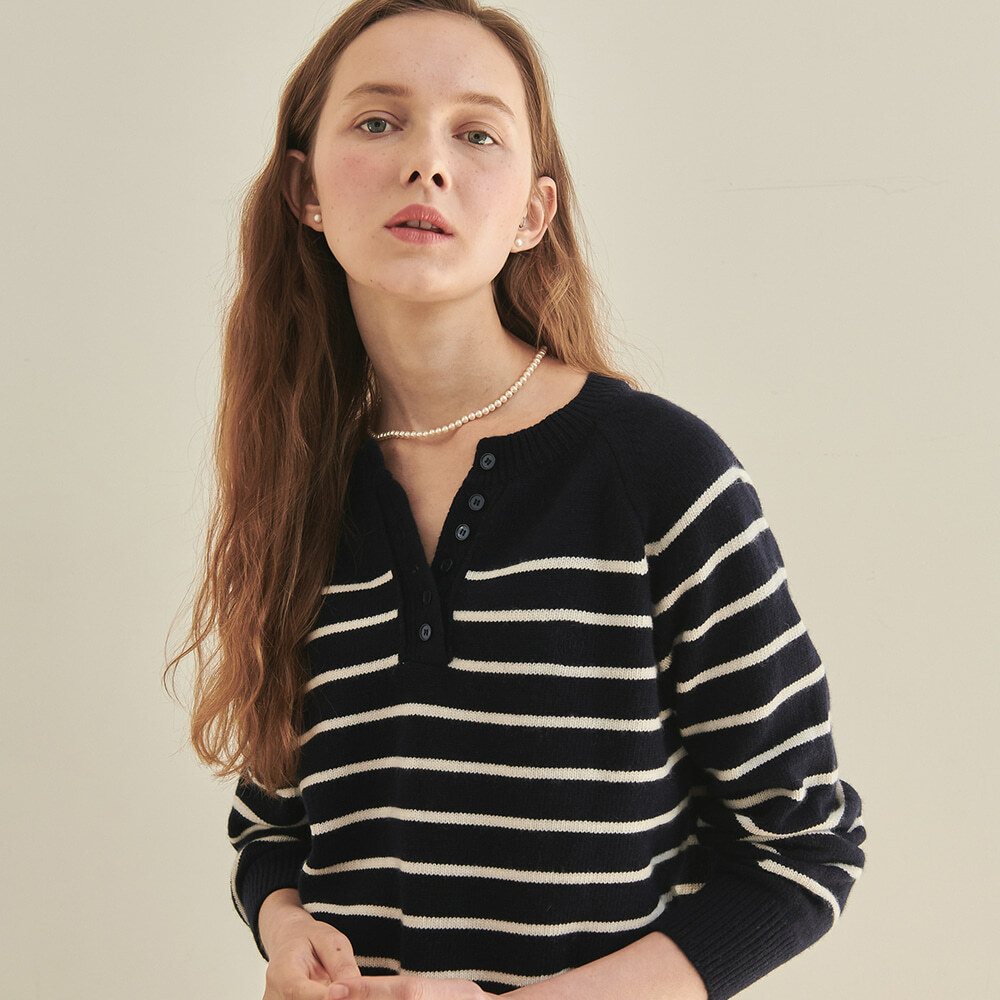RONRON Henry Neck Cashmere Wool Knit Ecru Navy Stripe
