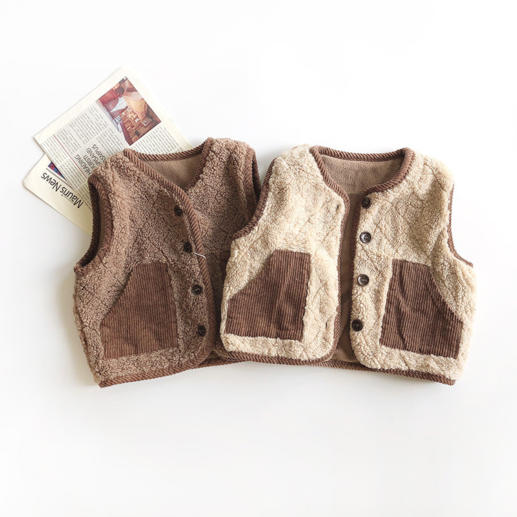 羊羔毛拼接燈芯絨口袋背心