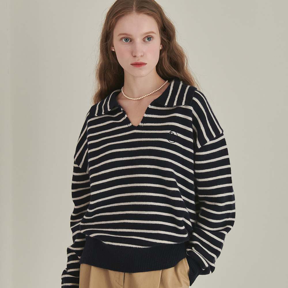 RONRON Stripe Collar Cashmere Knit Ecru Navy Stripe