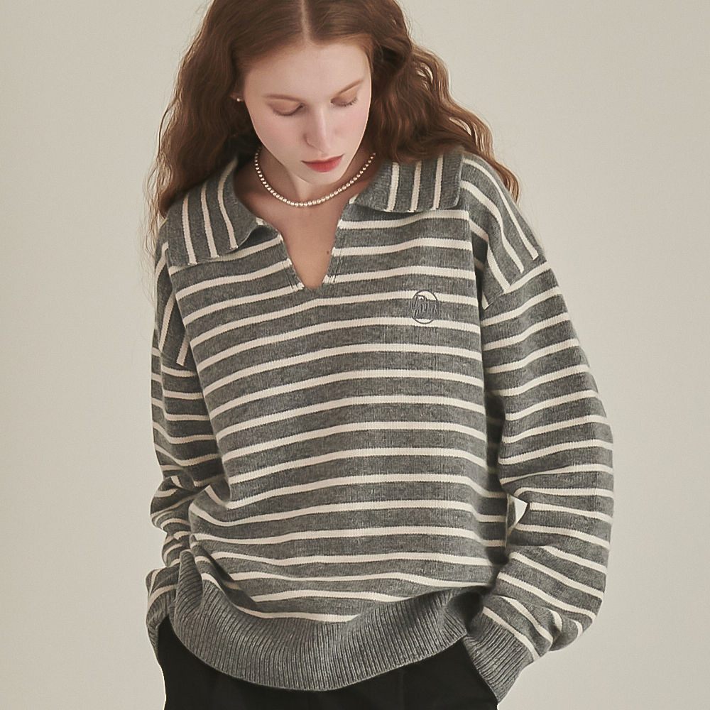 RONRON Stripe Collar Cashmere Knit Grey Stripe
