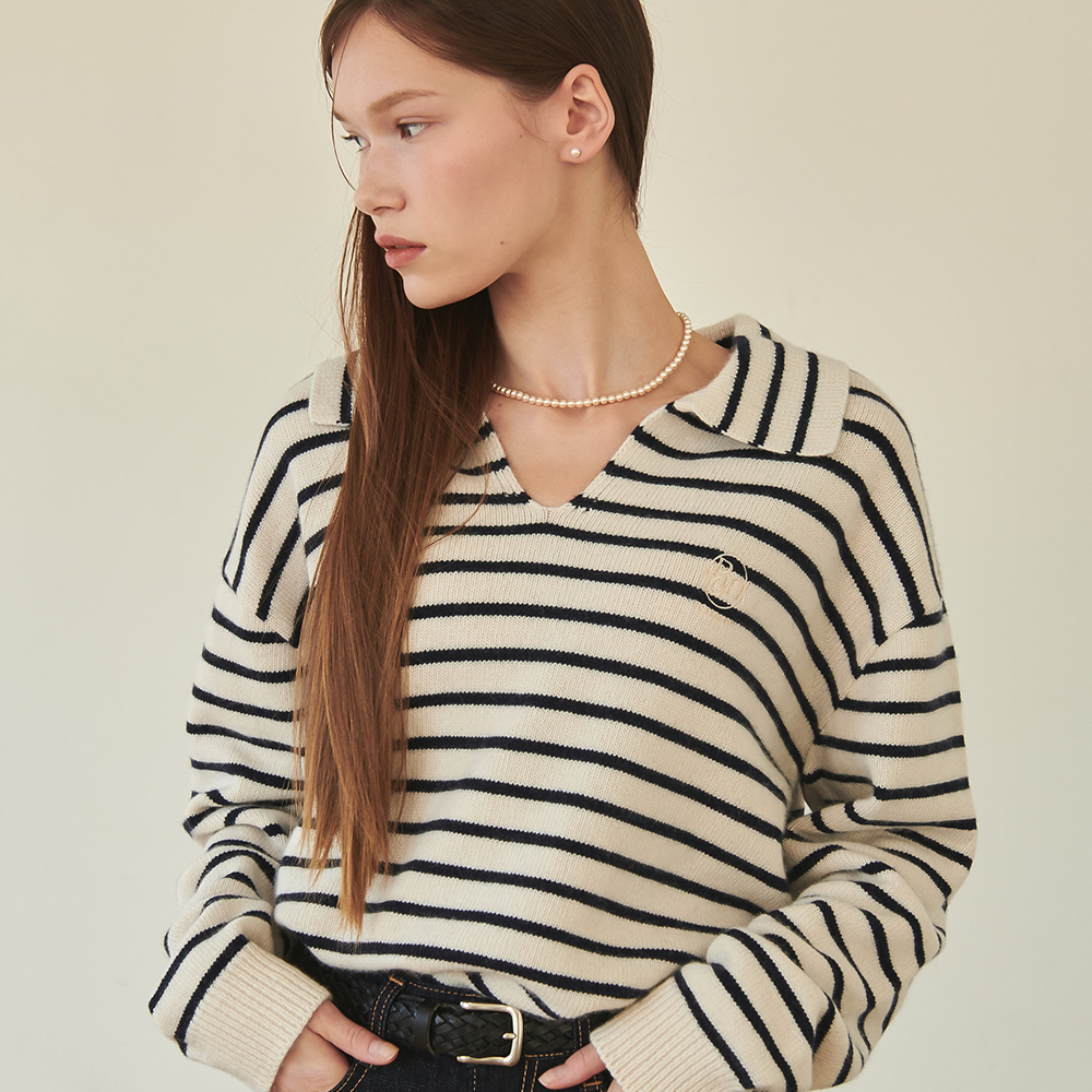 RONRON Stripe Collar Cashmere Knit Navy Stripe