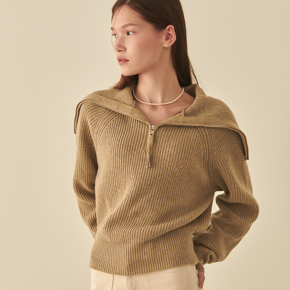 RONRON Sailor Half Zip Up Cashmere Knit Beige