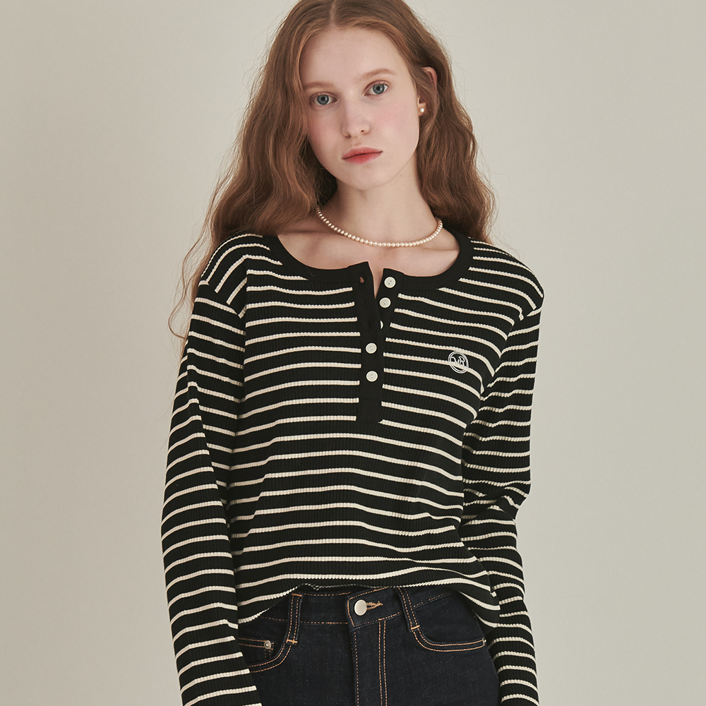 RONRON Henryneck Long Sleeve Ecru Black Stripe